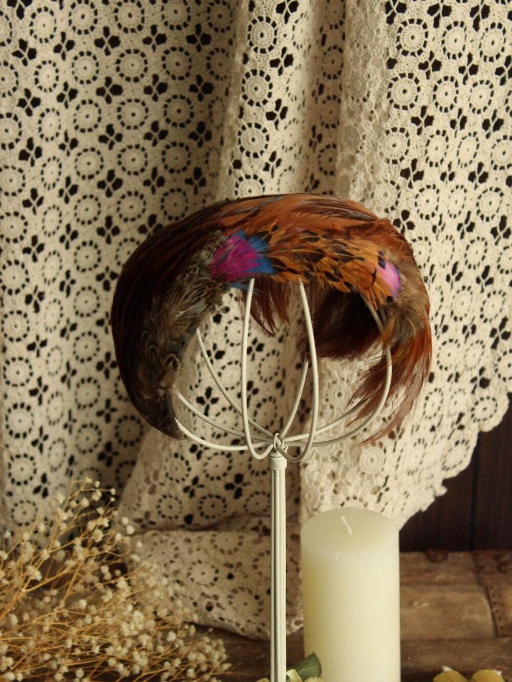 Vintage 1950s Half Hat, Pheasant Feather Juliet Cap,  Millinery - Picture 5 of 11